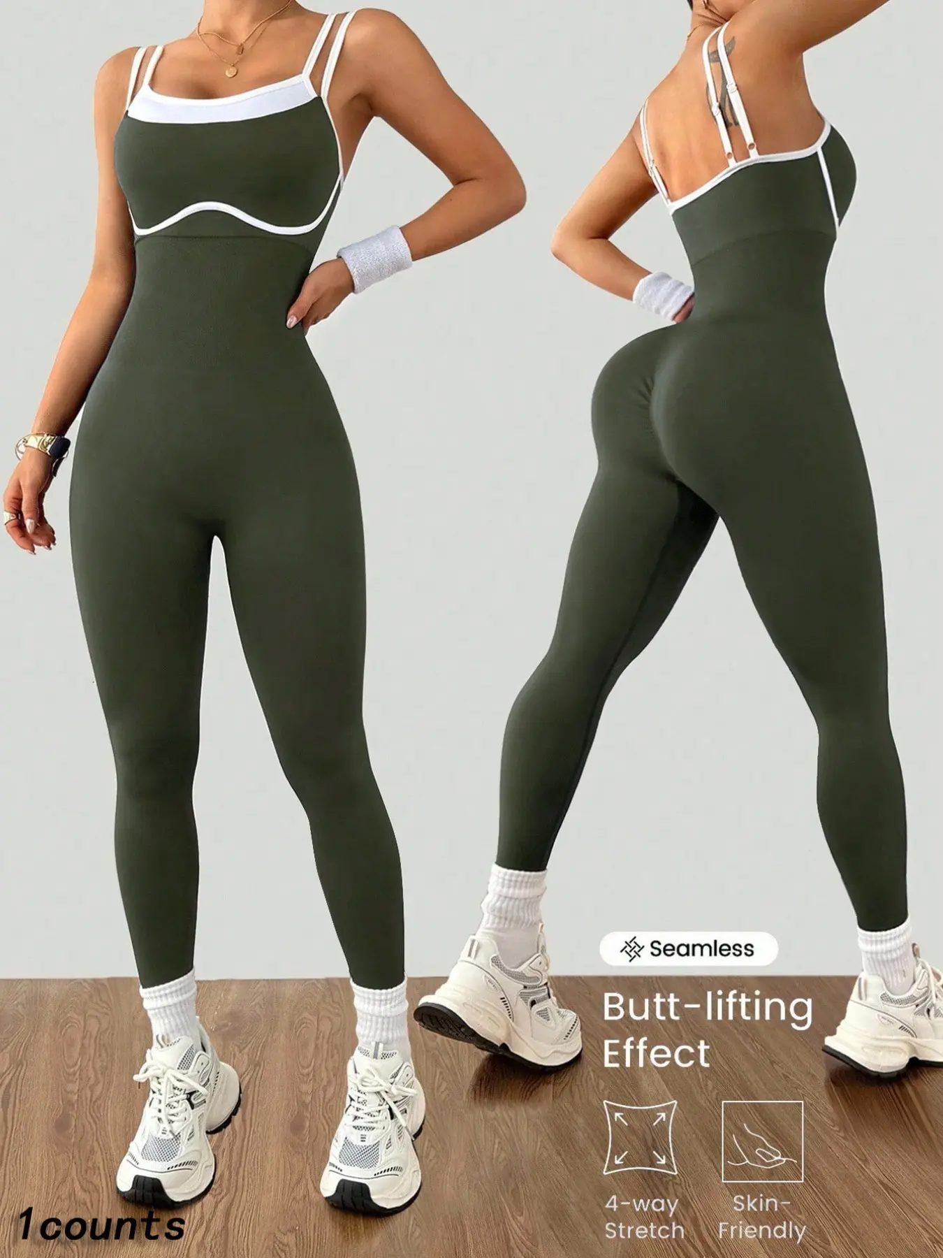 Women's Seamless Double Strap Gym Jumpsuit, Workout Fitness Jumpsuit, Colorblock Binding, Tummy Control Butt Lift High Stretch Sports Wear