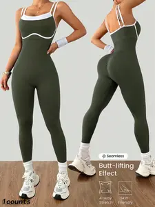 Women's Seamless Double Strap Gym Jumpsuit, Workout Jumpsuit, Colorblock Binding, Tummy Control Butt Lift High Stretch Sports Wear