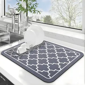 Dish Drying Mat Super Absorbent Large Kitchen Counter Drying Mat Quick-Dry, Easy Clean Dish Mat for Plates, Cups & Utensils Soft Cushioned Surface Protects Countertops Stylish Grey 15” x 18”