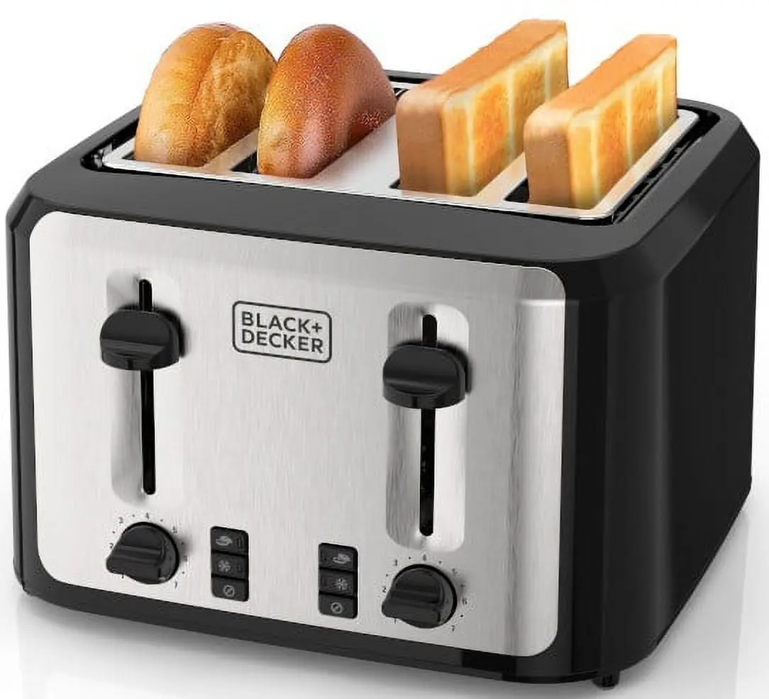 BLACK+DECKER Black/Silver 4‑Slice Toaster with Extra‑Wide Slots, 7 Adjustable Shade Settings, High‑Lift Lever & Drop‑Down Crumb Tray