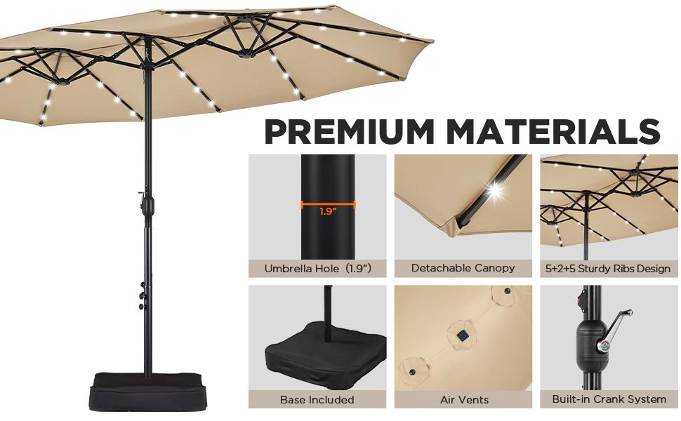 【Solar Led Lights】Yaheetech 13/15ft Large Patio Umbrella, Outdoor Double-Sided Rectangle Umbrella with 36 LED Lights & Crank for Patio Garden Pool Lawn Backyard, Base Included