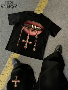 Men's Gothic Style Set, Gold Tooth Cross Print Loose T-Shirt & Long Pants, Soft Breathable Cotton, Street Fashion Streetwear Casual Wear