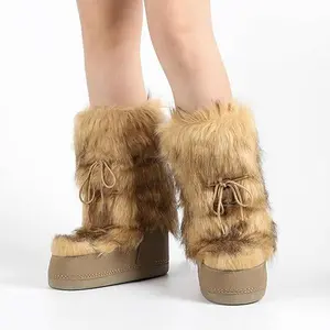 Women's Snow Boots Mid-Calf Round Toe Furry Platform Chunky Heel Christmas Holiday Black Wide Calf Fur Boots for Girl Winter Footwear Stylish