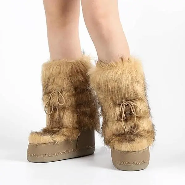 Women's Wide Calf Mid-Calf Snow Boots - Round Toe, Furry Platform, Chunky Heel, Black Winter Footwear for Christmas, Stylish Shoes for Girls, Girl