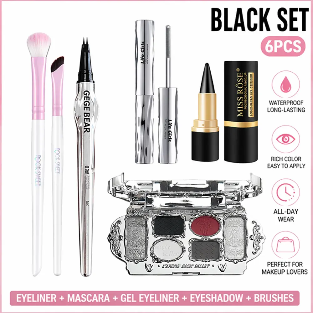 6Pcs Eye Makeup Set  Long Lasting Eyeliner Pen Mascara Gel Eyeliner Eyeshadow Palette Makeup Brushes Full Eye Makeup Kit For Women Daily Party Cosmetic