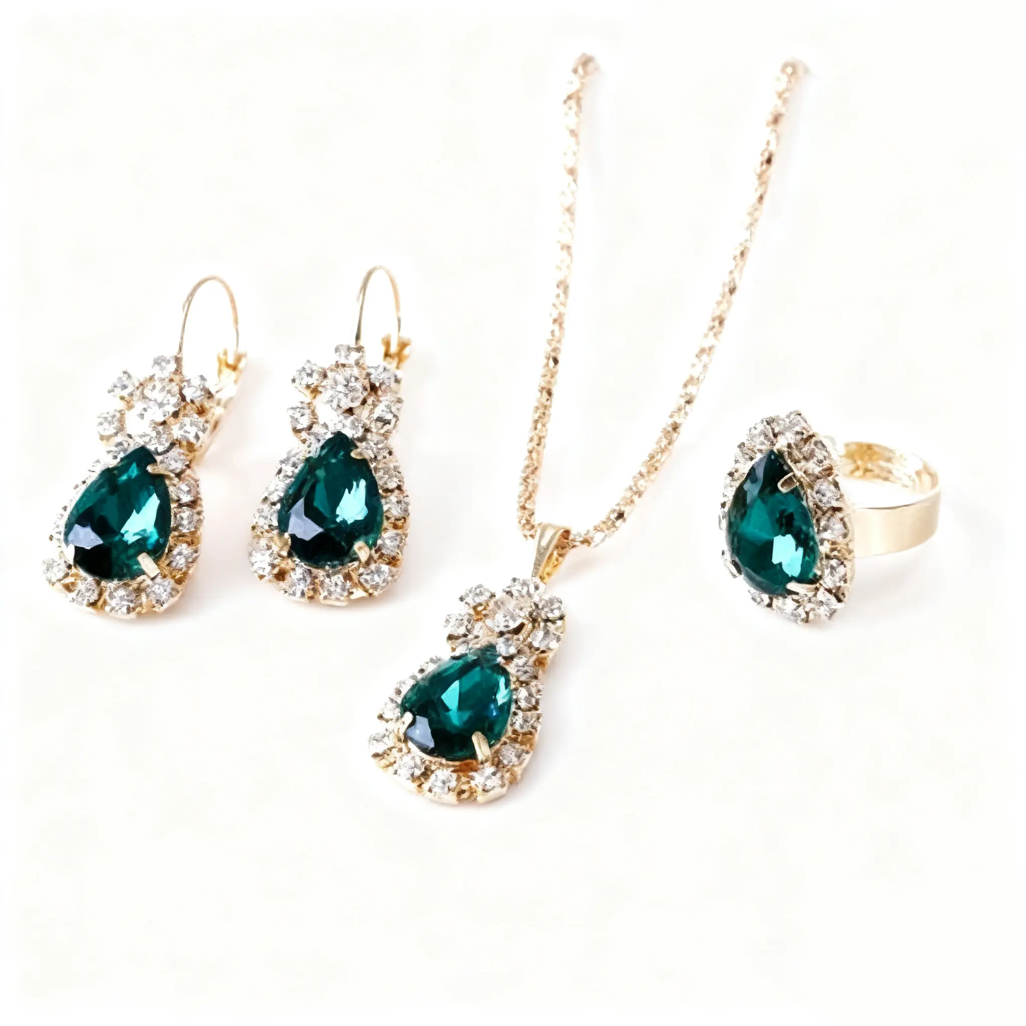 Rhinestone Costume Jewelry Set for Women, 4-Piece European Style Water Drop Pendant Necklace Chain, Earrings & Ring, Pendant Necklace Set, Stylish Accessories, Bling Effect, Chain Set