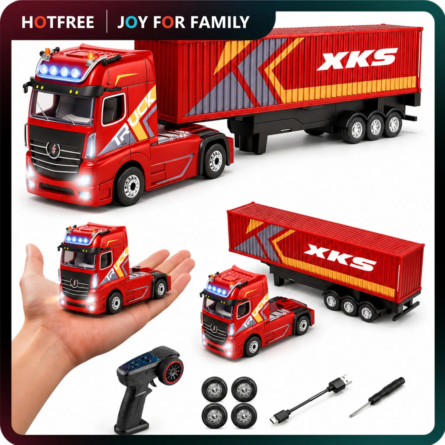 Hotfree 1/64 RC Drift Semi Truck with Trailer, Mini Remote Control Container Truck Toy, Detachable Trailer, LED Lights, 2.4GHz Desktop RC Truck for Indoor Play, Birthday & Christmas Gift for Kids Boys & Adults
