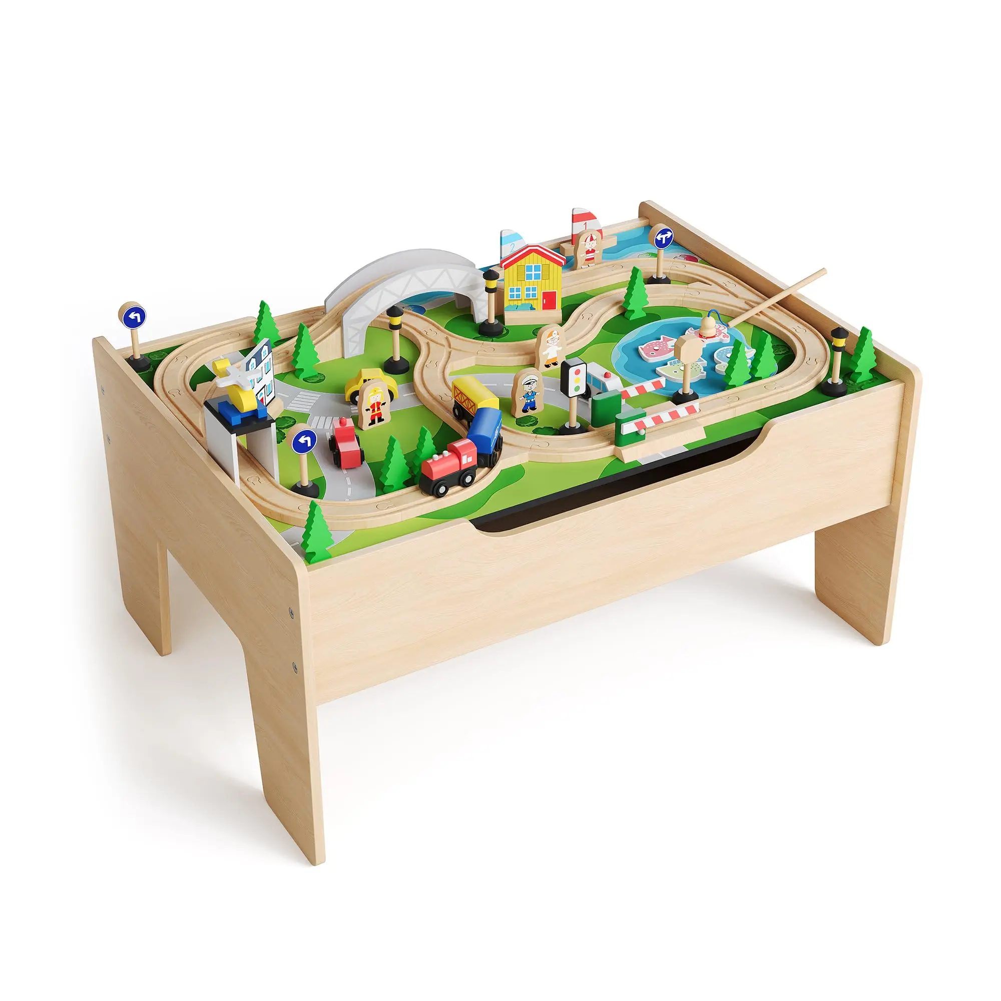 GARVEE 84-Piece Crafted Wooden Train Playset Kit - Cars, Reversible Top, Built-In Storage Drawer, Durable Natural Wood Rustic Design, Unisex Educational Development Toy for 3-4 Years, Playroom Thoughtful Gift