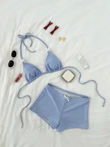 Sweet Girl Blue Plaid Halter Triangle Bikini Set, Fitted Two-Piece Swimsuit for Vacation Sunbathing, Cute Style All Seasons, Swimwear Set, Swimsuit Sets