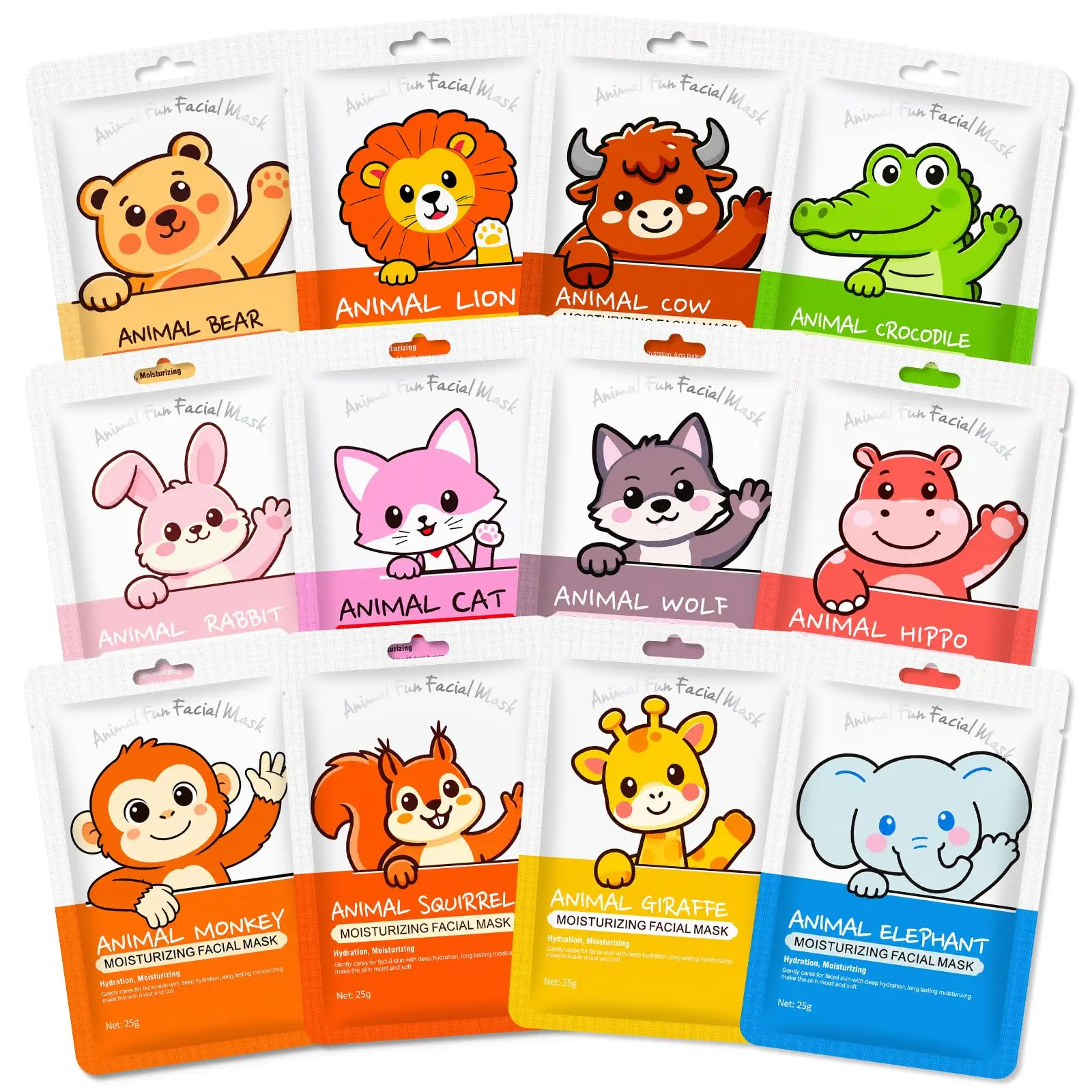 12Pcs Cute Animal Facial Sheet Mask Set, 12 Different Cartoon Animal Prints, Hydrating Moisturizing Face Mask, Fun Spa Sleepover Party Skincare Gift for Women Girls Teens`