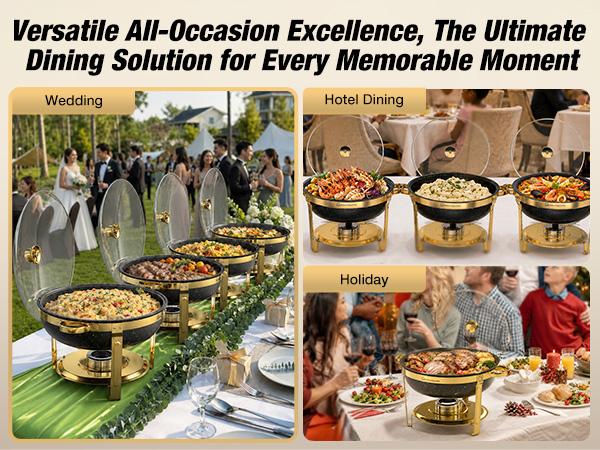 WARMOUNTS 9QT Gold Round Chafing Dishes Display Set - Maifanite-Coated Stainless Steel Food Warmers with Glass Lid Holder, Rolled-Edge Design, Stackable Storage for Catering Events, Maifanite Coat, Round Shape
