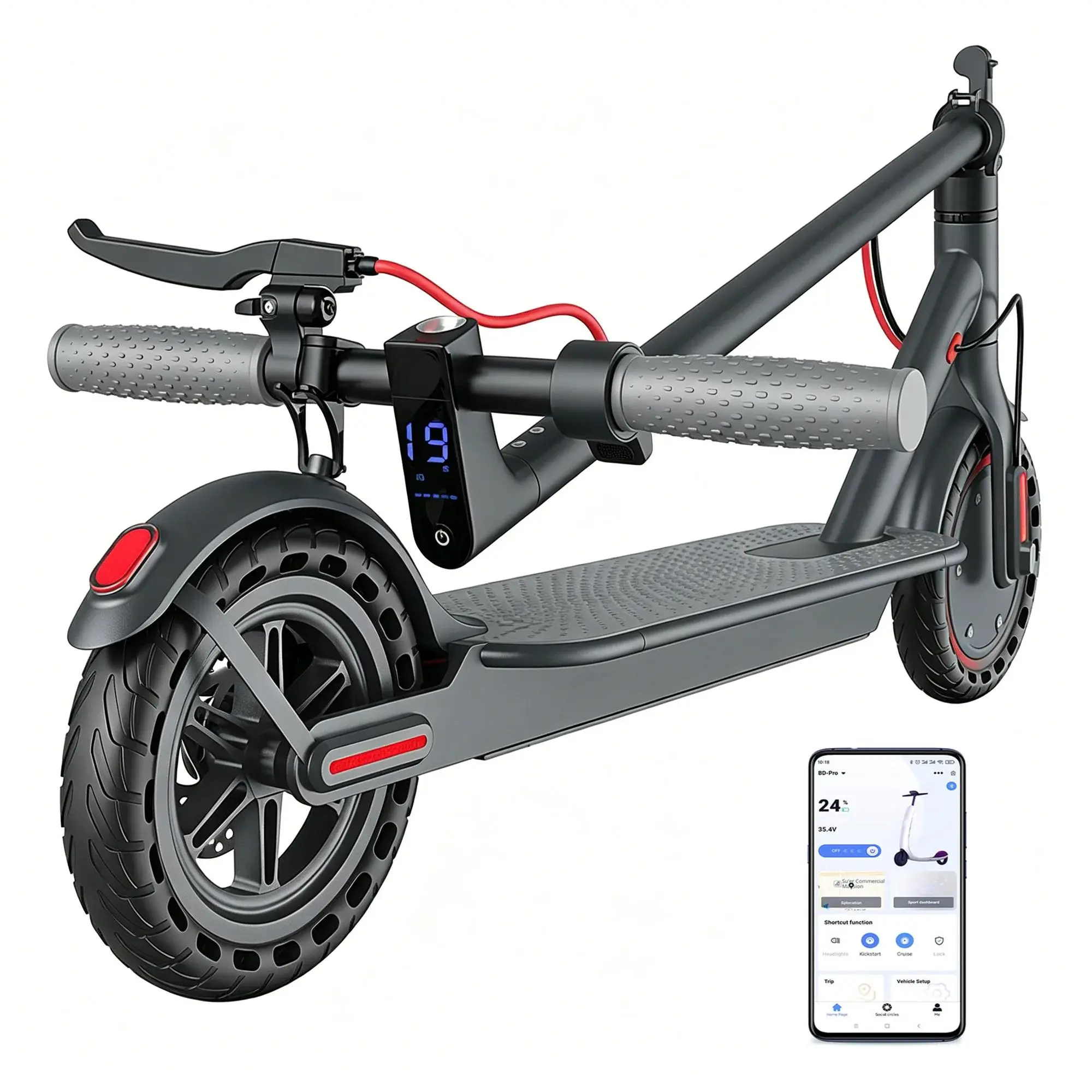 Ultra-Portable Adult Scooter – 8.5" Solid Rubber Tires, 350W Motor, Up to 19MPH, Extended Range Commuting, Double Brakes, Smart App for Ride Management