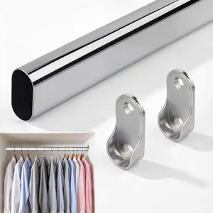 Adjustable Oval Heavy Duty Carbon Steel Closet Rod with End Supports, Chrome Adjustable Wardrobe Rod, Length 17.5" - 29.5"
