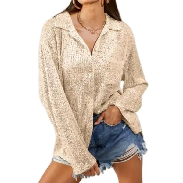 MNLYBABY Sequin Button Front Shirt Women’s Dinner Blouse Silver Sequin Tops Sparkly Button Up Shirt Collared Long Sleeve Blouse   Glitter Lady Longsleeves Lady Longsleeves Womenswear Casual