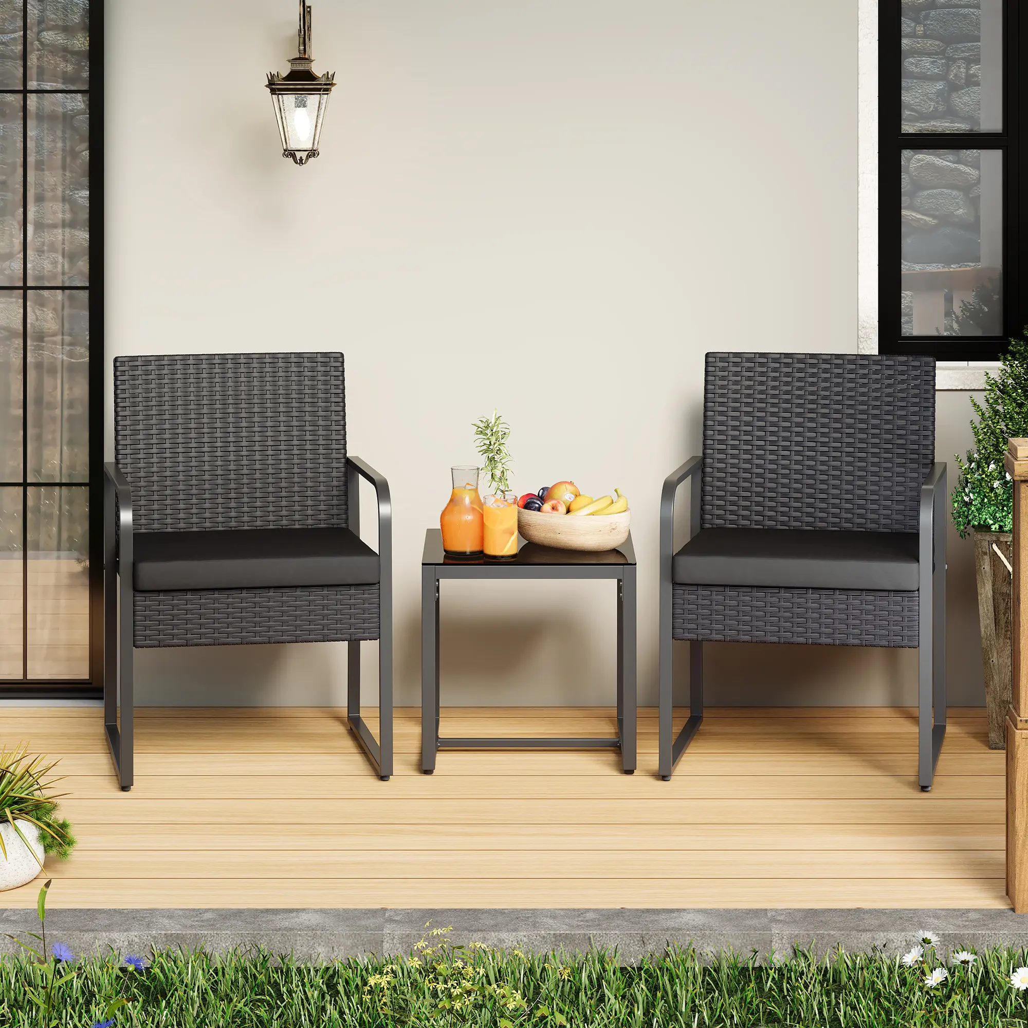 Gizoon 3-Piece Patio Bistro Set - Outdoor Rattan Conversation Furniture with Cushioned Seats, Glass Table - Patio Chairs Set for Backyard, Porch, Poolside, Outdoor Furniture Sets