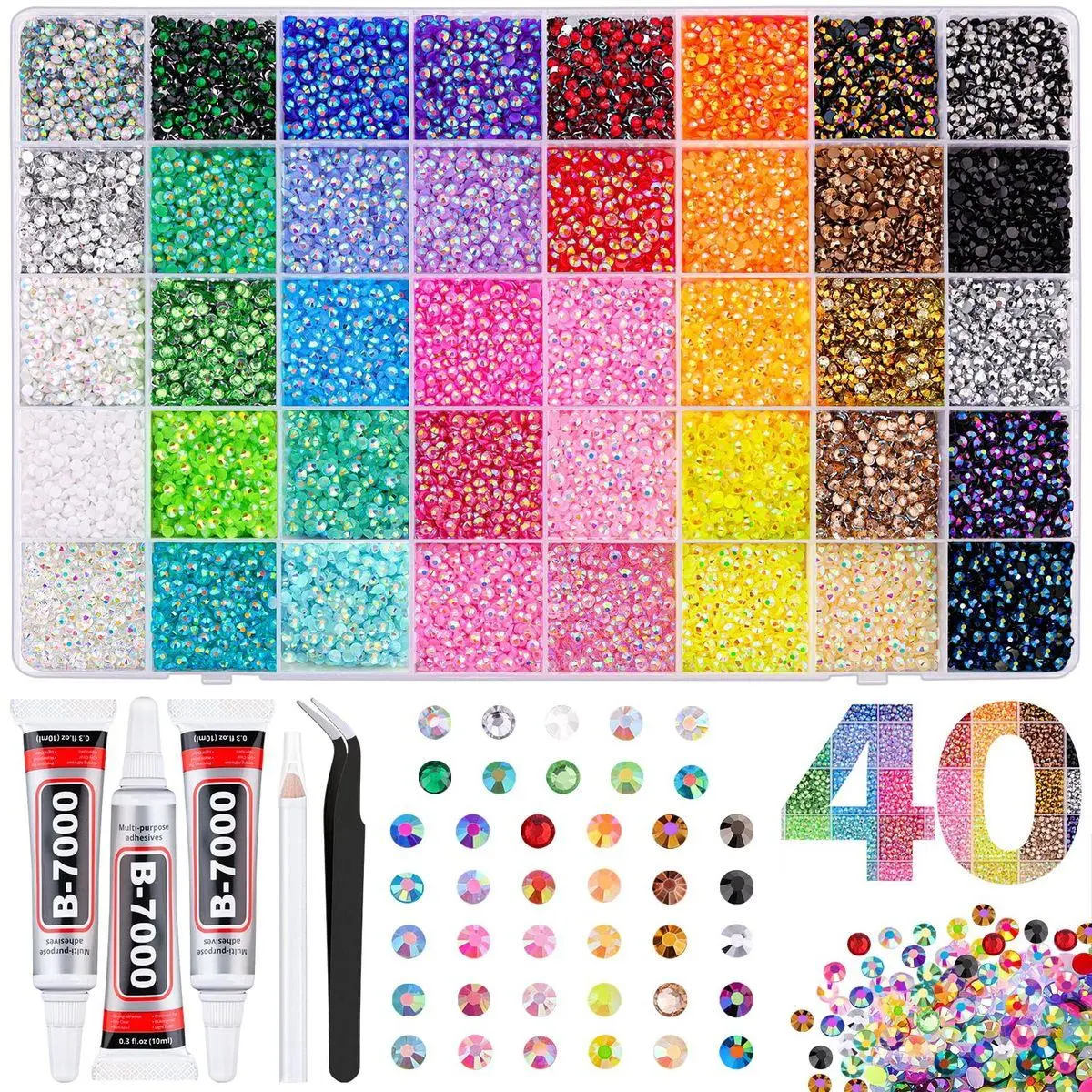 50000Pcs 40 Colors Jelly Rhinestones for Bedazzling, 3mm Multicolor Resin Flatback Gems for Diamond Art, Bedazzler Kit with 3Pcs 10ml B7000 Jewelry Glue for Bedazzle Thing Crafting Book Nail Art