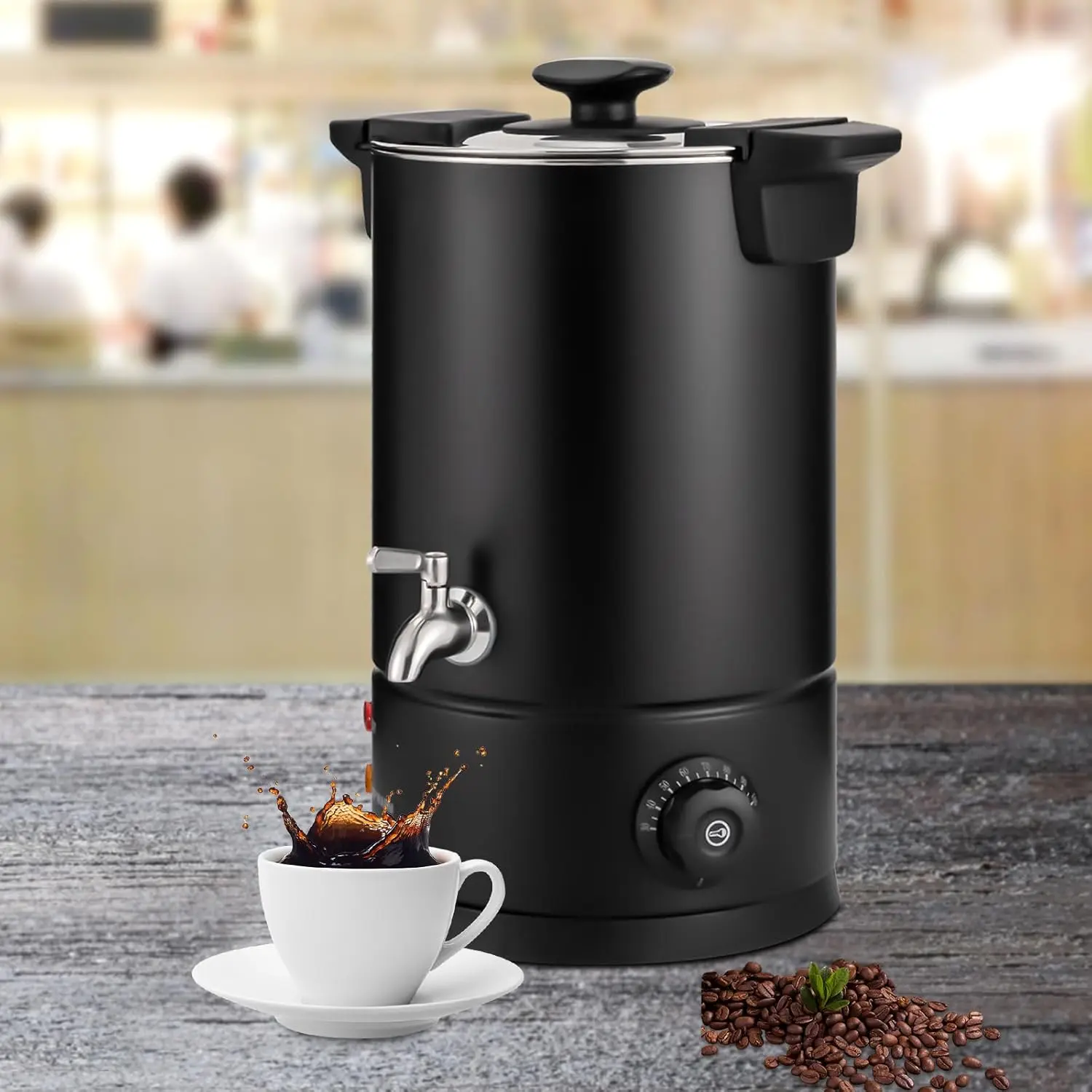 1KW Large Coffee Urn and Hot Beverage Dispenser Percolate Coffee Pot Maker 6.1L/270Oz 30-Cup Steel Electric Coffee Urn with Faucet for Quick Brewing Commercial Percolating Urn, Black