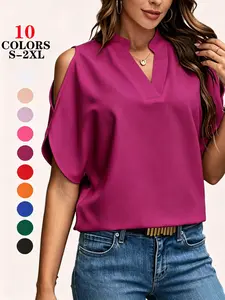 2026 Trendy Summer Tops Blouse for Women, Cold Shoulder V Neck, Solid Color, Oversized Casual Tees, Loose Fit, Elegant Daily Vacation T-Shirts