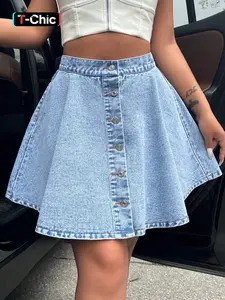 Women's A-Line High-Waisted Button Fly Denim Skirt, Casual Loose Fit Knee-Length Summer Dress, Elegant Chic Lady Daily Wear, Womenswear