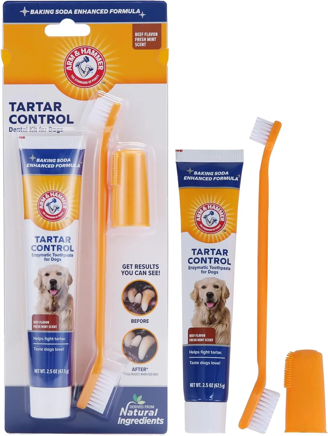 Arm & Hammer for Pets Tartar Control Dog Dental Kit, Enzymatic Toothpaste with Toothbrush and Fingerbrush, Baking Soda Formula Reduces Plaque and Tartar, Safe for Puppies, Beef Flavor, 3-Piece