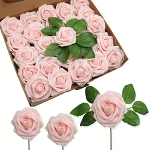 25Pcs/Set Artificial Faux Rose Flowers,Real Looking Blush Foam Fake Roses with Stems for DIY Wedding Bouquets Bridal Shower Home Garden Yard Centerpieces Party Decor,Christmas Gifts,Hand Tools Kits
