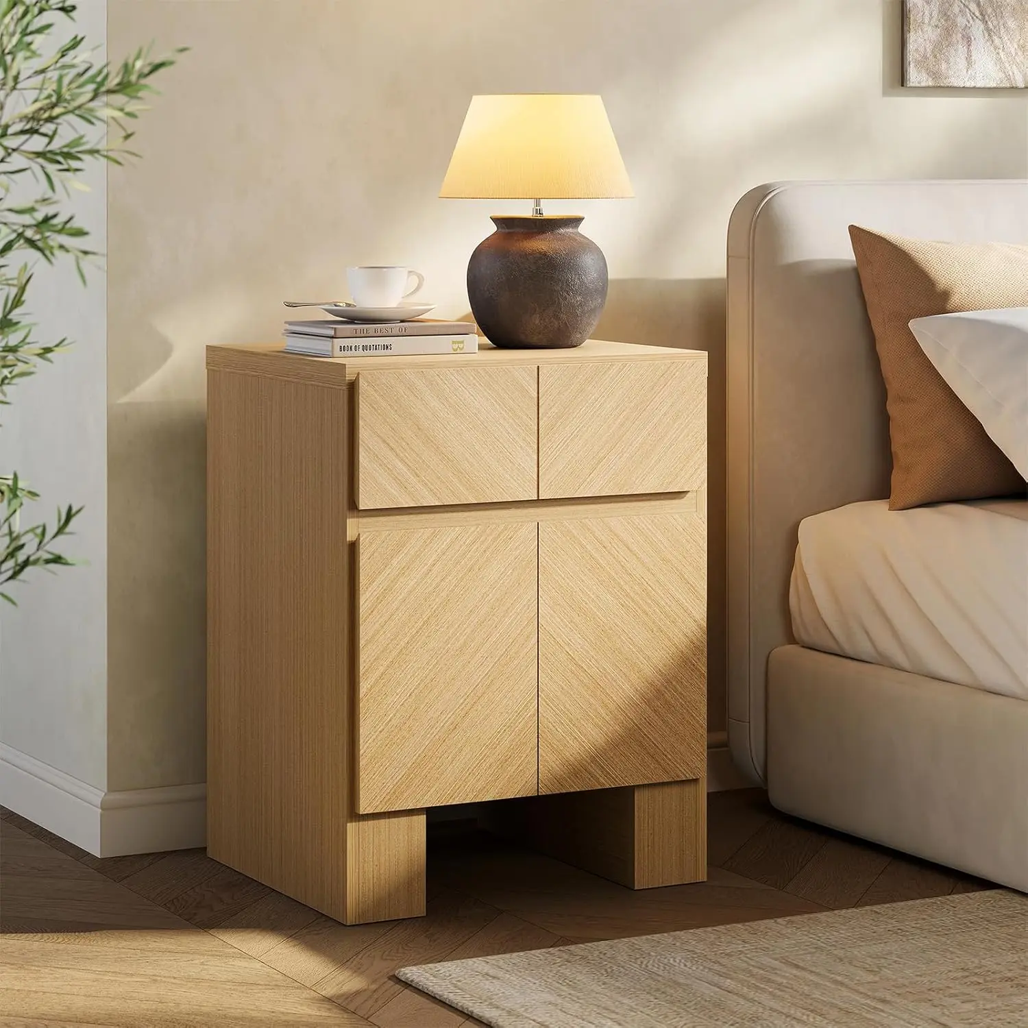 ModernMate Natural Oak Wood Pedestal Nightstand - Charging Station for Modern Bedroom, Drawer for Smalls, Hidden Storage, Soft-Close Doors
