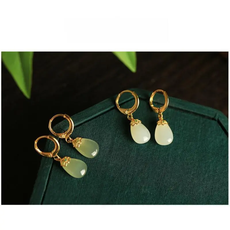 Flash & Finesse Flash & Finesse  Natural Hetian Jade Drop Earrings 925 Sterling Silver 18K Gold Plated Vintage Chinese Style Valentine's Day Gift for Girlfriend Best Friend Festival Gift