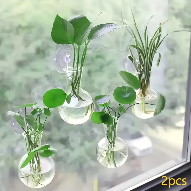 2Pcs Suction Cup Wall Mounted Glass Vase, Clear Hydroponic Plant Pot, Hanging Water Terrarium for Window Home Decor, Hanging Planters, Plant Pots Indoor, Pot For Plants
