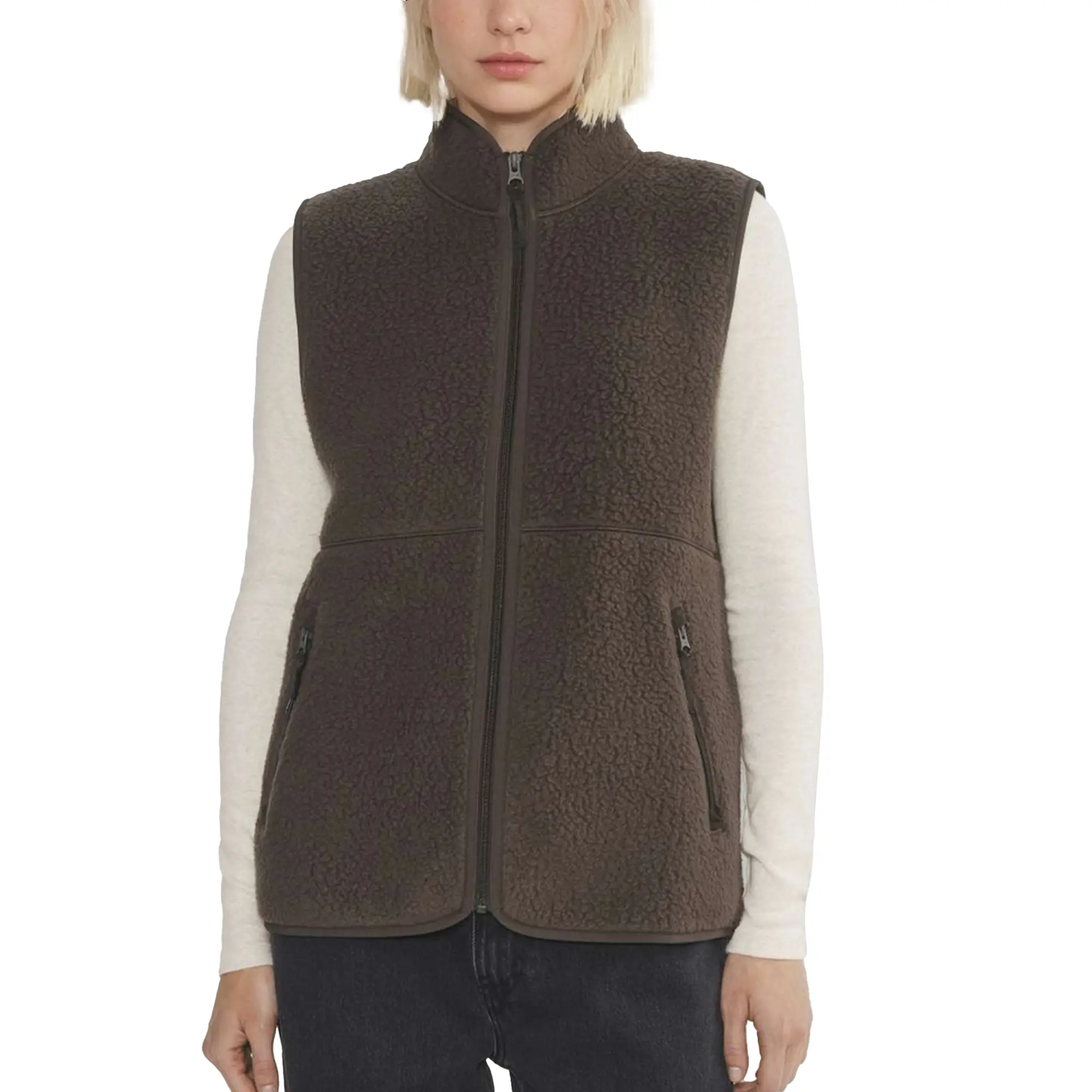 Songling Women's Minimalist Sherpa Fleece Vest - Basic Tops, Warm Lightweight Zip-Up Sleeveless Outerwear with Pockets, Soft Fuzzy Fabric, Casual Brown Outdoor Jacket for Fall