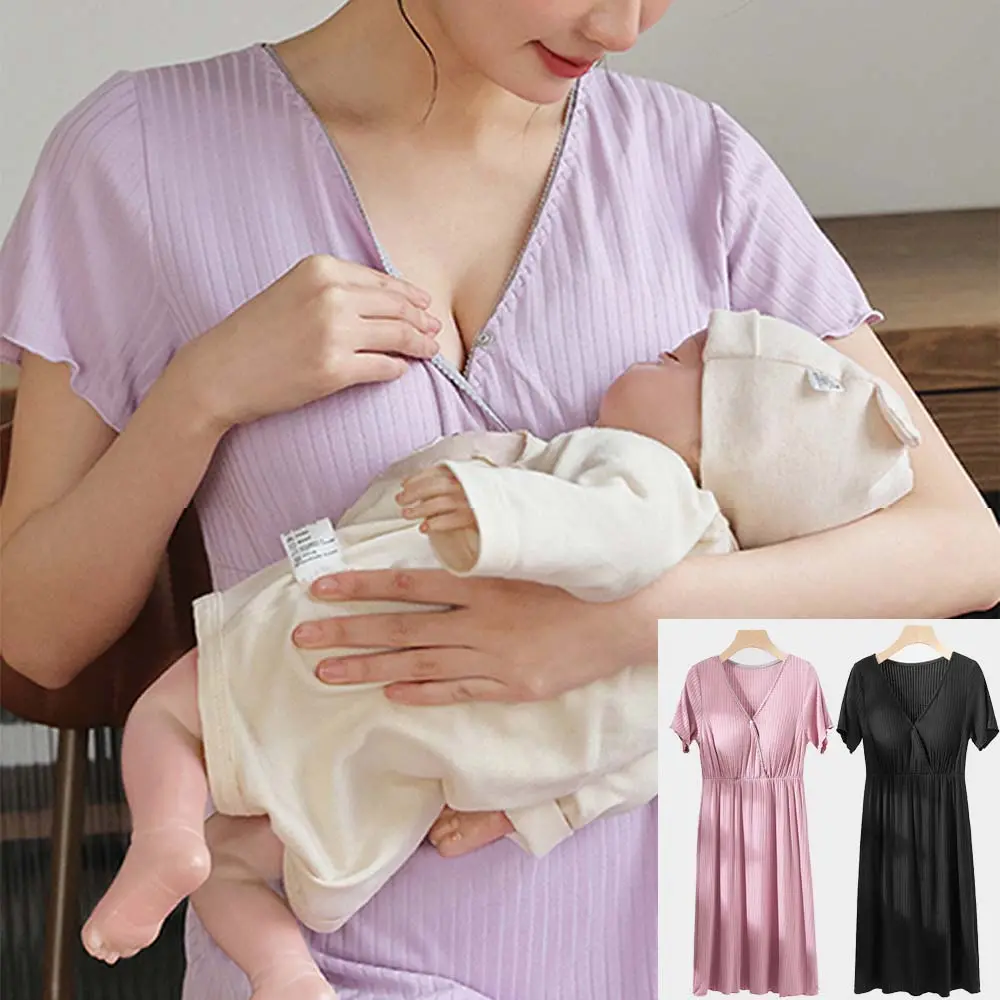 2-in-1 Maternity Nursing Nightgown, Modal Soft Built-in Bra Breastfeeding Dress Loungewear Summer For womens Labor and Delivery Summer Gown for Hospital Short Sleeve Maternity Nursing Dress outdoorfun Detachable Crystal Velvet Pregnancy Pillow summeressen