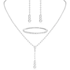 3Pcs Elegant Silver Metal Bridal unique Jewelry, Rhinestone Necklace Bracelet Dangle Earrings, Suitable for Weddings and Banquets, Prom Costume Accessories