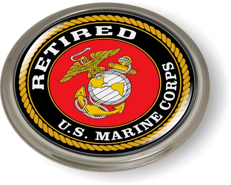 [Officially Licensed] USMC Retired 3D Domed Car Emblem Badge Sticker, Round Patriotic Accessory for Cars, Trailers, Lockers, Flasks, Urns - 8 Variations, Aluminum