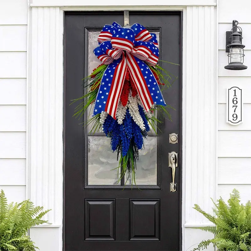 Artificial wheat sheaf wreath suitable for the American Memorial Day on July 4th, a festive red, white and blue patriotic hanging decorative wreath hanging decoration, Doorframe holiday ornament, suitable for decorating the entrance and walls of the home