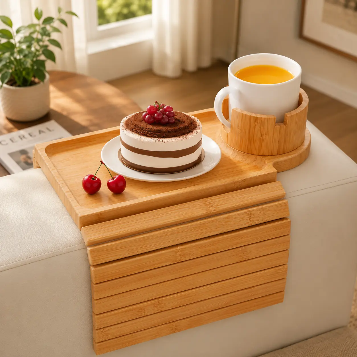 3-in-1 Bamboo Rectangle Sofa Armrest Tray - Clip-On Eco-Friendly Biodegradable Living Room Organizer with Cup Holder, 360° Rotatable Phone Holder, Easy-to-Clean Space-Saving Indoor Furniture Accessory