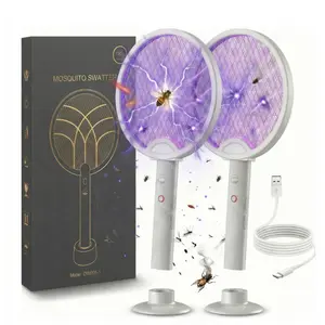 Yudodo Foldable Electric Fly Swatter Racket, Handheld Bug Zapper Racket, Insect Killer, Mosquito, 2 in 1 Smart Bug Zapper with USB Rechargeable Base, with 3-layer Mesh, USB Cable, for Indoor and Outdoor.