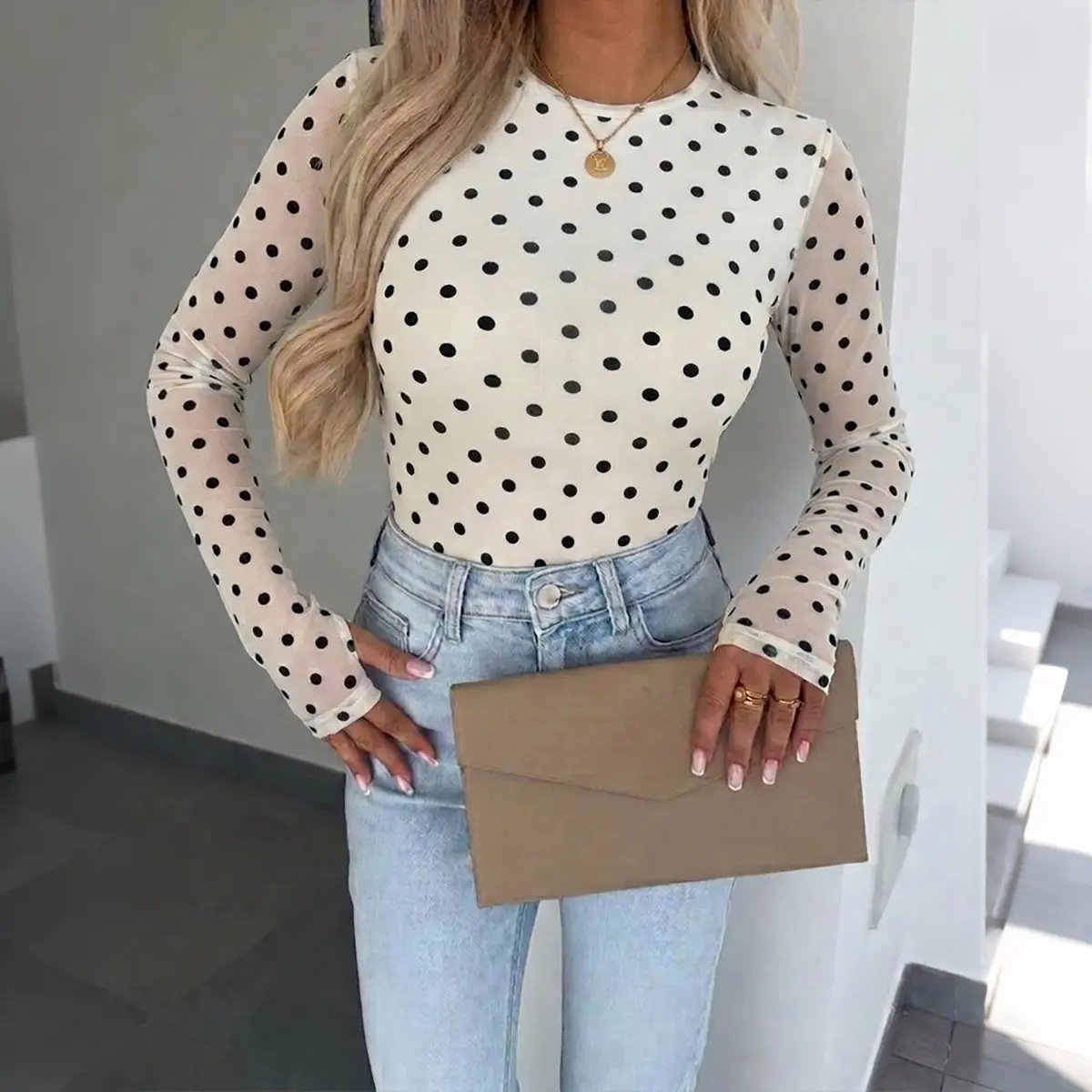 CHICME Women's Mesh Polka Dot Top Lined Sheer Long Sleeve Tee Crew Neck Slim Fit Layering Under Base Top with Thumbholes