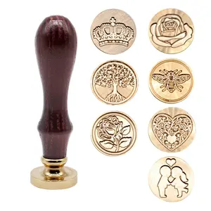 Vintage Brass Stamp with Wooden Handle, Engraved Wax Seal, Flower Shaped Stamp for Invitations, Stickers, Envelopes, Multiple Patterns Available