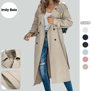 Imily Bela Women's Double Breasted Long Trench Coat Windproof Classic Lapel Slim Overcoat with Belt