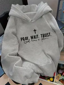 Women's Inspirational "God Has a Plan" Hoodie, Pray Wait Trust Graphic, Kangaroo Pocket & Drawstring Design, Stylish Fall Winter Wear, Perfect for Back-to-School Season