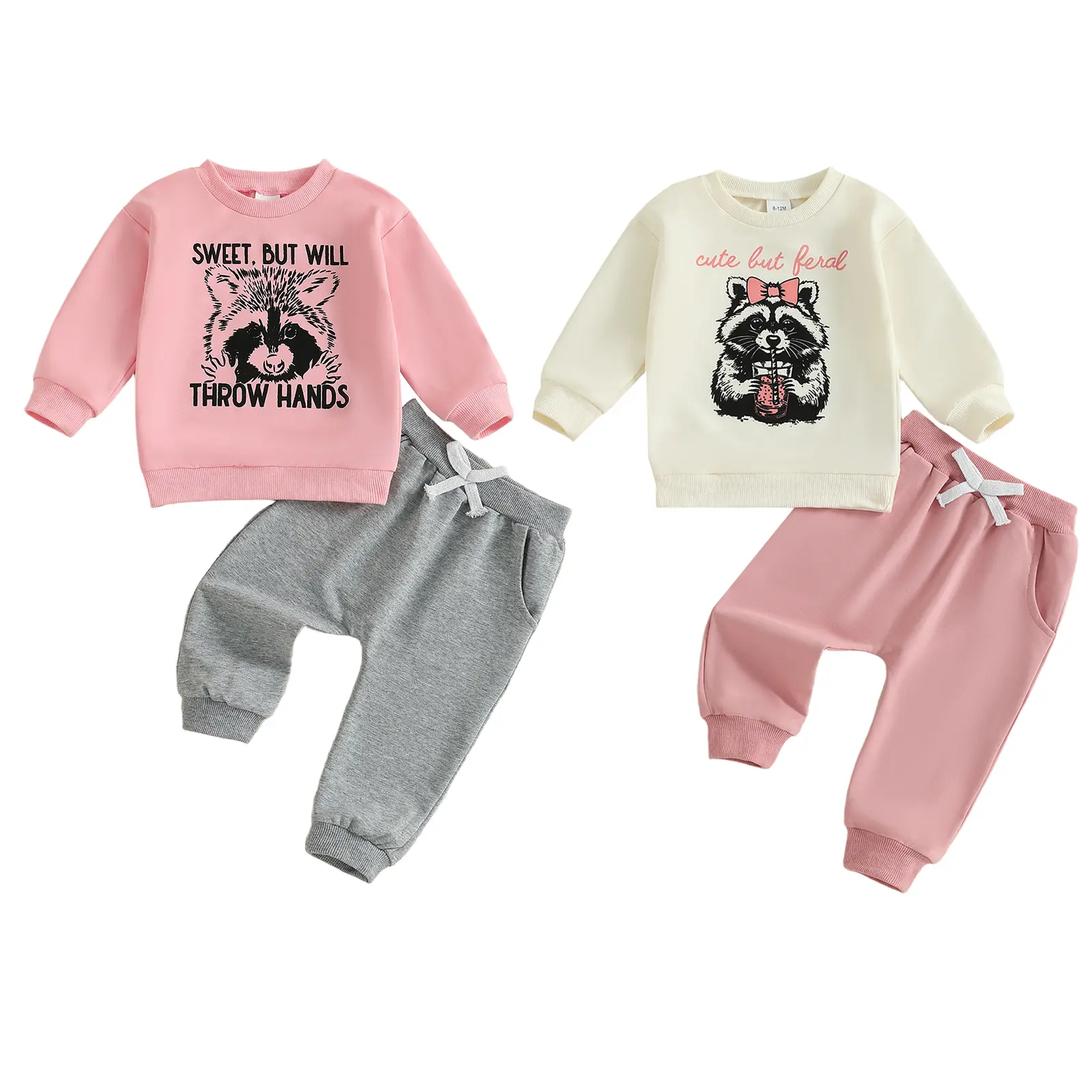 Toddler Baby Girl 2-Piece Fall Outfits, 5-6 Years Raccoon Letter Print Crew Neck Long Sleeve Sweatshirt with Pants Gift Set