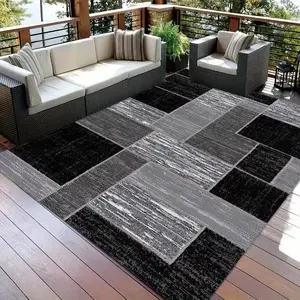 A Large Outdoor Rug in Charcoal Grey Featuring a Geometric Design Made from 100% Polyester And Machine Washable Ideal for Patios Balconies Poolside Areas And Yards This Durable Rectangular Carpet Boasts a Modern Aesthetic