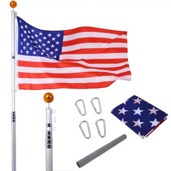 25FT Telescopic Sectional Heavy-Duty Aluminium Flag Pole Complete Kit - In-Ground Outdoor Commercial Flagpole with Twist Lock, Tangle-Free Spinning Clips, Ornament Ball, Hardware, Independence Day Gear for Residential USA Yd Flag Display