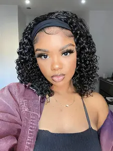 Deep Wave Headband Wig, 14 Inch Curly Synthetic Hair, Glueless Non-Lace Front, Brazilian Virgin Hair, 150% Density, Natural, Glueless Ready to Wear Wig