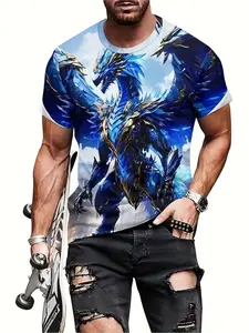 Men's Mechanical Blue Dragon 3D Pattern T-Shirt, Loose Short Sleeve, Breathable Digital Print, Summer Outdoor Casual Top, Fashion Art Style