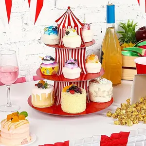 1pc Carnival Theme Party Paper Cake Stand with Stripes, Three-Tier Cupcake Stand Cake Decoration for Desserts, Festive Event Supplies, Cupcake Holder