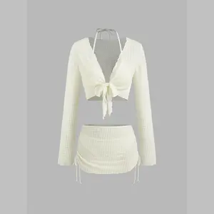Cider V-neck Knotted Triangle Cheeky Bikini Set With Texture Cover Up Set