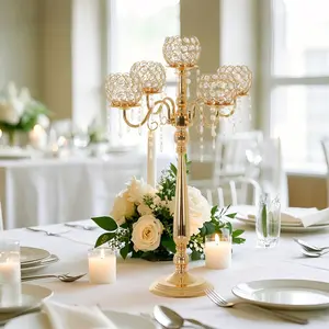 5 Arm Crystal Candelabra for Wedding Centerpiece, 29.1in Gold Floor Candle Holder Set with Chandelier Crystal Beaded Anniversary Dinner Party Table Decor candelabros de mesa Elegantes Palace Themed