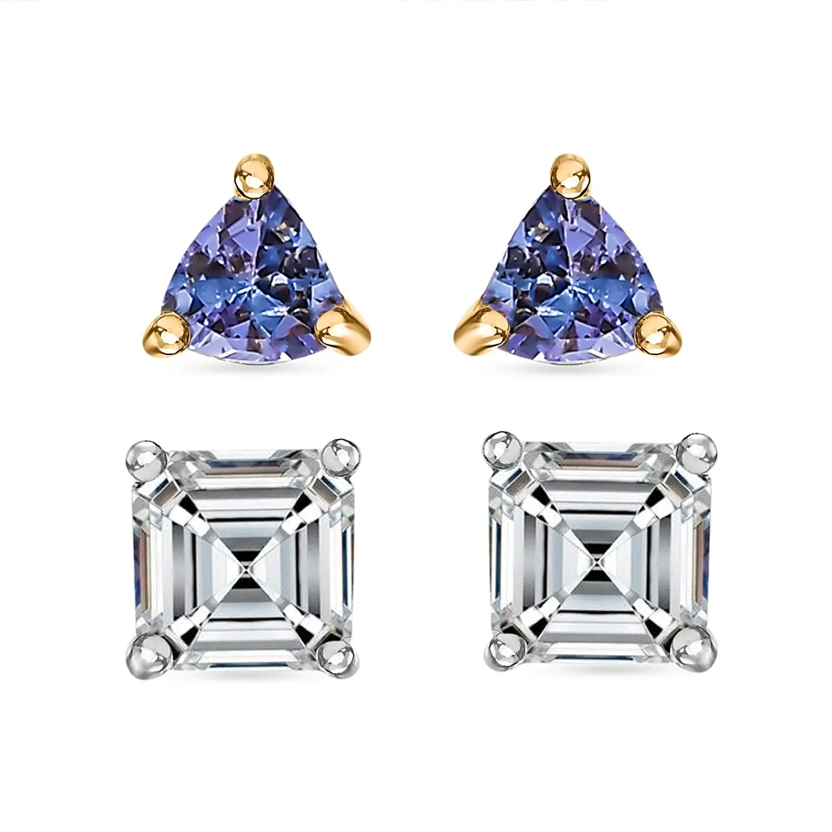 D'Joy Set of 2 Moissanite and Tanzanite 1.80 ctw Earrings in 18K Vermeil YG and Rhodium Over Sterling Silver