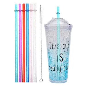 6PCS Glitter Reusable Plastic Straws with Cleaning Brush - Colorful Replacement Straws for Tumblers