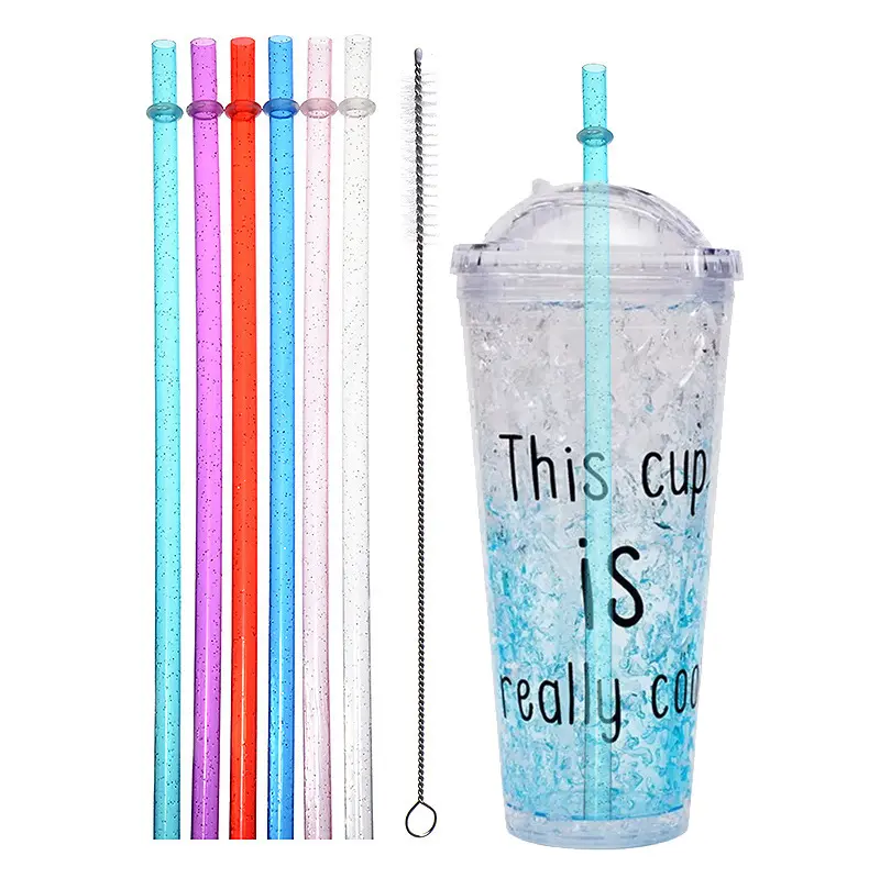 6PCS Glitter Reusable Plastic Straws with Cleaning Brush - Colorful Replacement Straws for Tumblers